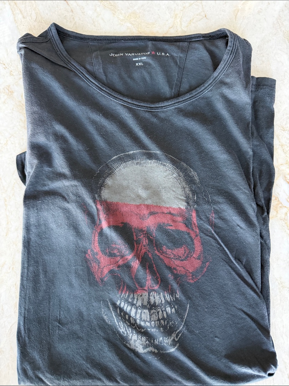 John Varvatos Black Tee with Red and Gray Skull Graphic